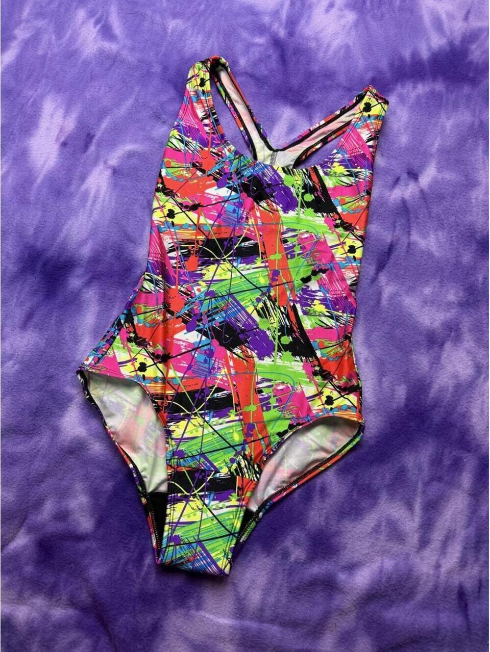 Retro multi colored paint splatter swimsuit / aerobics bodysuit